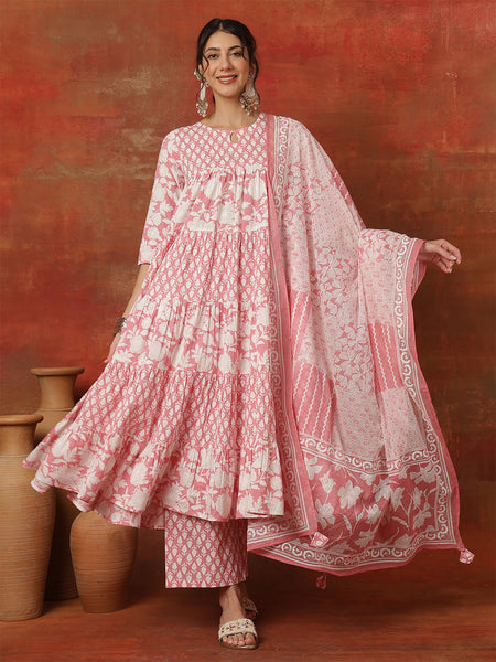 Kimayra Cotton Ankle  Length Printed 3/4 Sleeves Round Neck Full Flared Kurta Suit Set