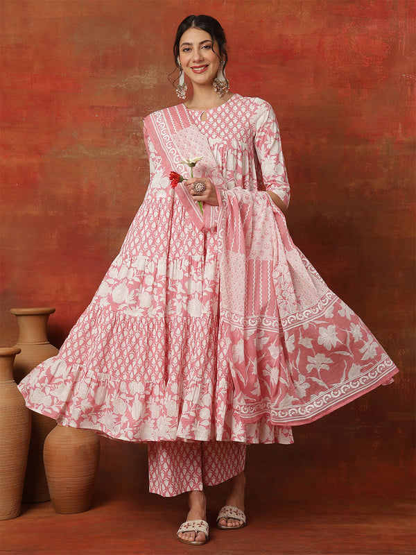 Kimayra Cotton Ankle  Length Printed 3/4 Sleeves Round Neck Full Flared Kurta Suit Set