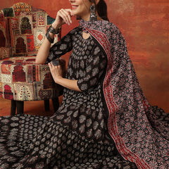 Kimayra Cotton Ankle  Length Printed 3/4 Sleeves Round Neck Full Flared Kurta Suit Set