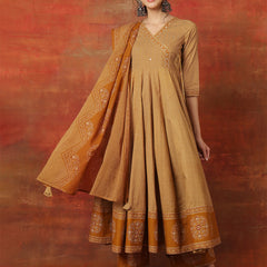 Kimayra Cotton Calf Length Printed 3/4 Sleeves V-Neck Anarkali Kurta Suit Set