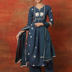 Kimayra Rayon Calf Length Printed 3/4 Sleeves Round Neck Semi-Flared Kurta Suit Set