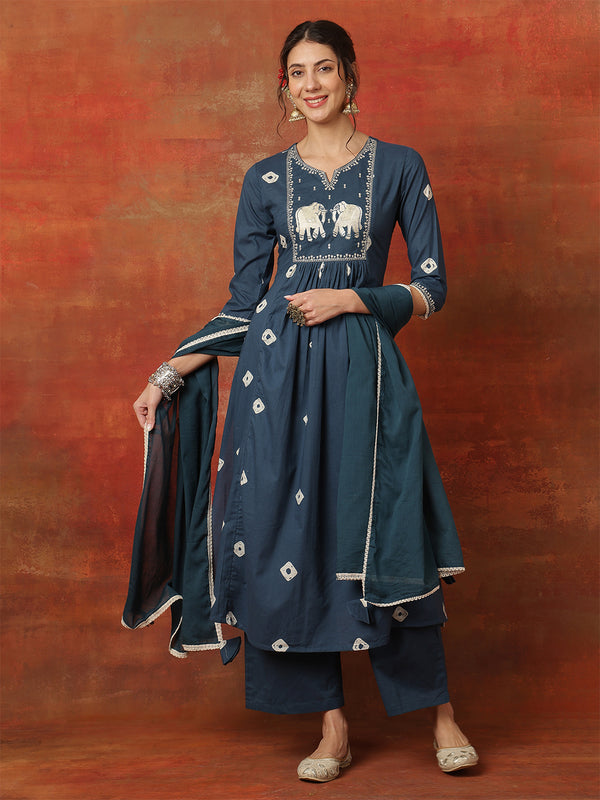 Kimayra Rayon Calf Length Printed 3/4 Sleeves Round Neck Semi-Flared Kurta Suit Set