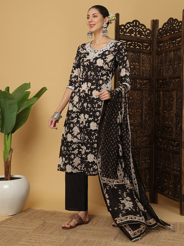 Kimayra Cotton Calf Length Printed 3/4 Sleeves Round Neck Anarkali Kurta Suit Set