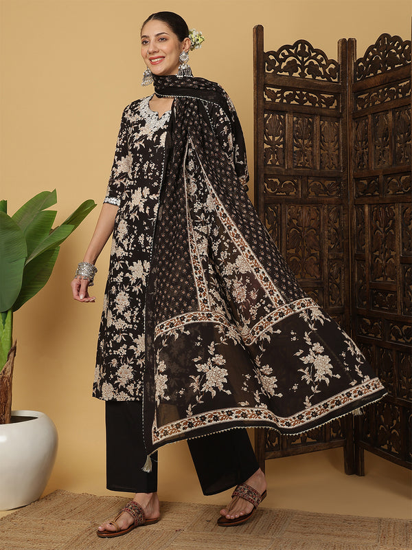 Kimayra Cotton Calf Length Printed 3/4 Sleeves Round Neck Anarkali Kurta Suit Set