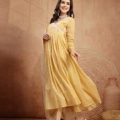 Kimayra Cotton Calf Length Printed 3/4 Sleeve V-Neck Flared Kurta Suit Set
