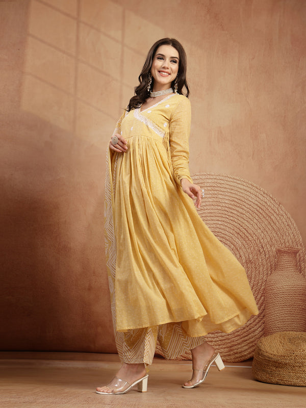 Kimayra Cotton Calf Length Printed 3/4 Sleeve V-Neck Flared Kurta Suit Set
