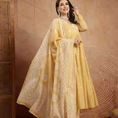 Kimayra Cotton Calf Length Printed 3/4 Sleeve V-Neck Flared Kurta Suit Set