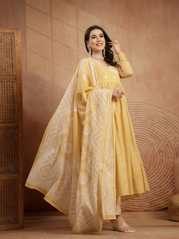 Kimayra Cotton Calf Length Printed 3/4 Sleeve V-Neck Flared Kurta Suit Set