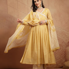 Kimayra Cotton Calf Length Printed 3/4 Sleeve V-Neck Flared Kurta Suit Set