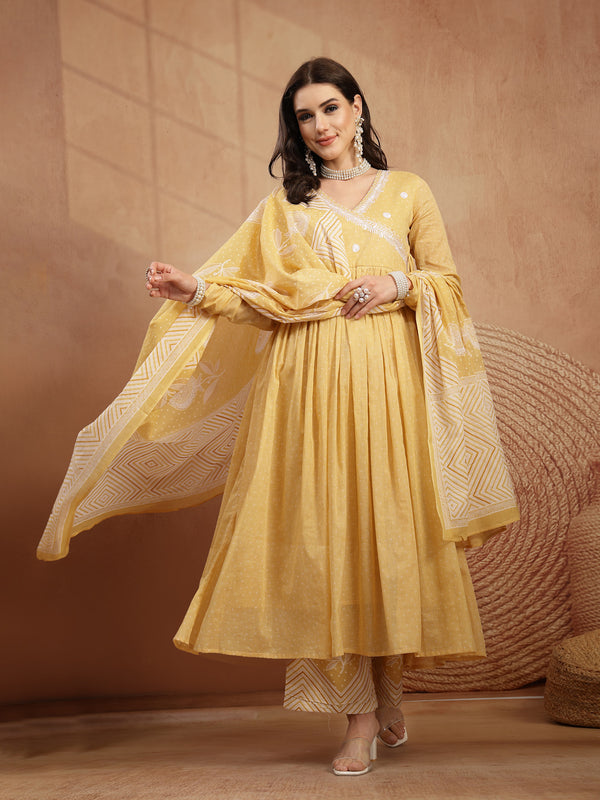 Kimayra Cotton Calf Length Printed 3/4 Sleeve V-Neck Flared Kurta Suit Set