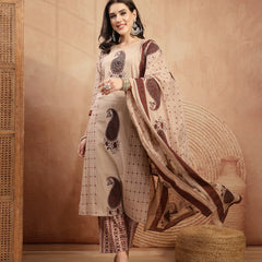 Kimayra Rayon Calf Length Printed 3/4 Sleeve Round Neck Straight Kurta Suit Set