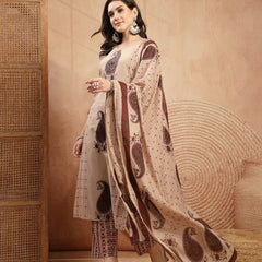 Kimayra Rayon Calf Length Printed 3/4 Sleeve Round Neck Straight Kurta Suit Set