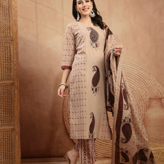 Kimayra Rayon Calf Length Printed 3/4 Sleeve Round Neck Straight Kurta Suit Set