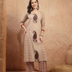 Kimayra Rayon Calf Length Printed 3/4 Sleeve Round Neck Straight Kurta Suit Set