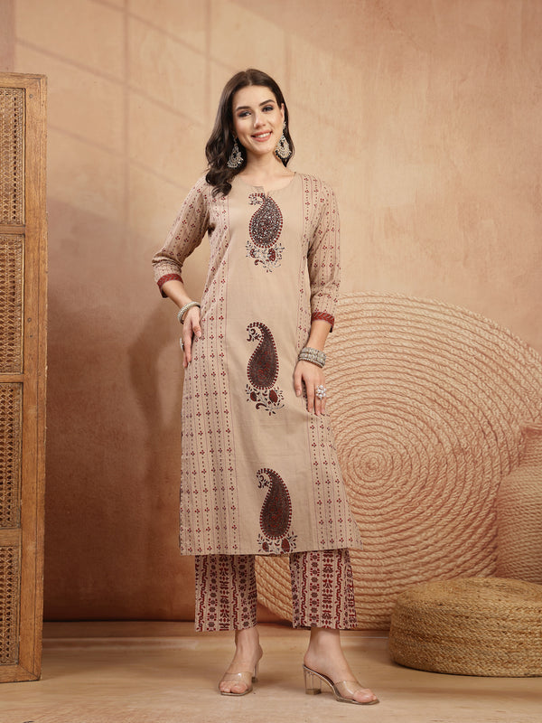 Kimayra Rayon Calf Length Printed 3/4 Sleeve Round Neck Straight Kurta Suit Set