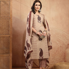 Kimayra Rayon Calf Length Printed 3/4 Sleeve Round Neck Straight Kurta Suit Set