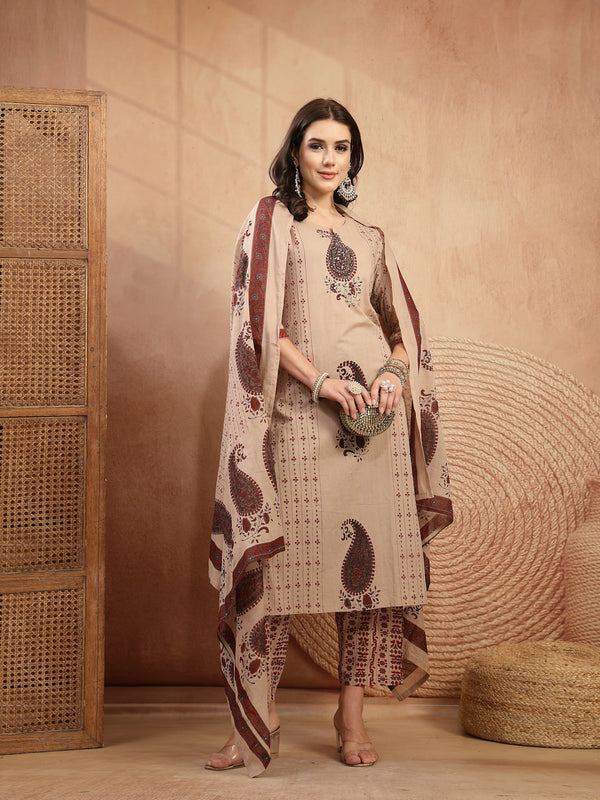 Kimayra Rayon Calf Length Printed 3/4 Sleeve Round Neck Straight Kurta Suit Set