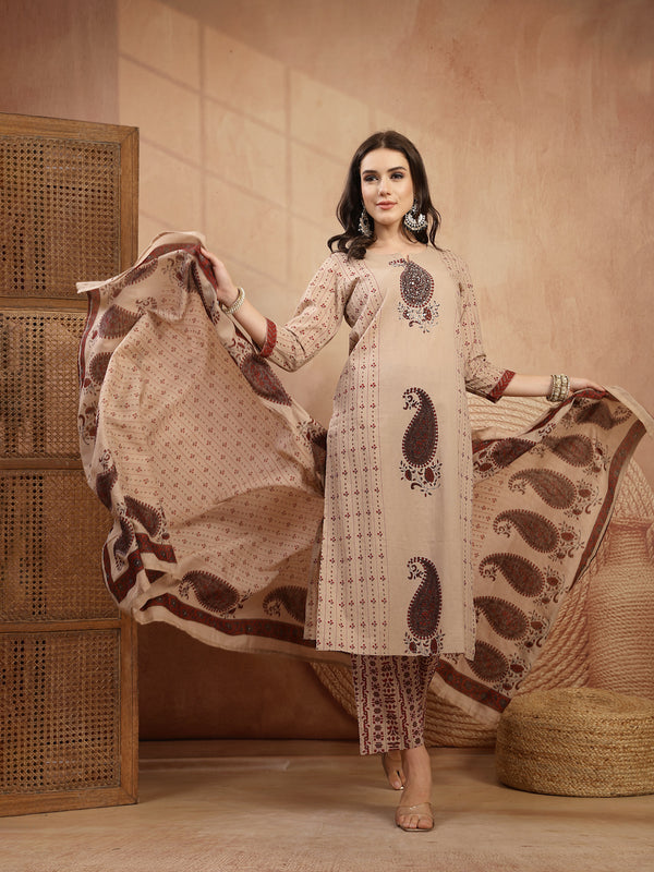 Kimayra Rayon Calf Length Printed 3/4 Sleeve Round Neck Straight Kurta Suit Set