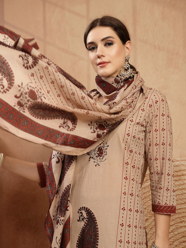 Kimayra Rayon Calf Length Printed 3/4 Sleeve Round Neck Straight Kurta Suit Set