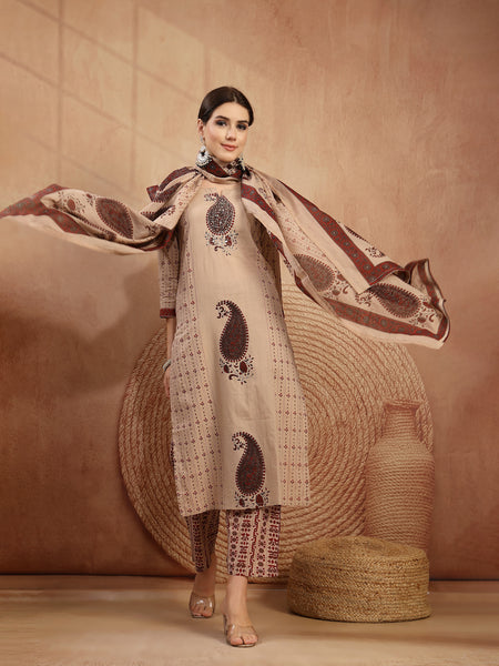 Kimayra Rayon Calf Length Printed 3/4 Sleeve Round Neck Straight Kurta Suit Set