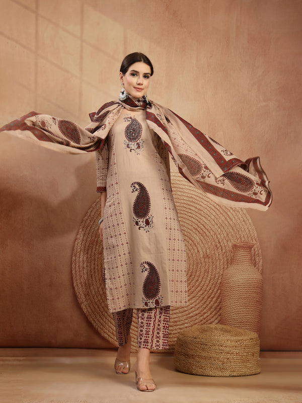 Kimayra Rayon Calf Length Printed 3/4 Sleeve Round Neck Straight Kurta Suit Set
