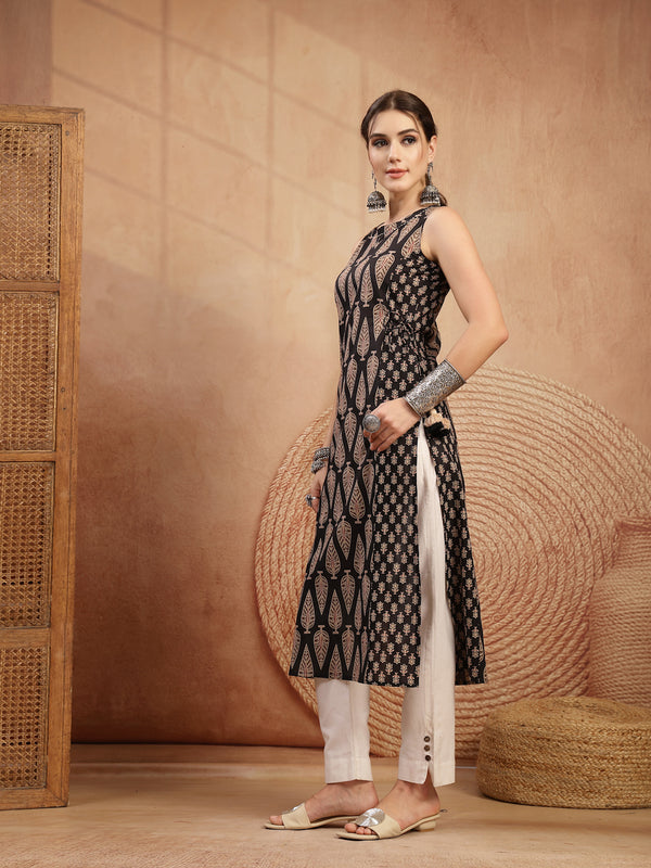 Kimayra Rayon Calf Length Printed Sleeveless Round Neck Straight Kurta