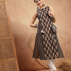 Kimayra Rayon Calf Length Printed Sleeveless Round Neck Straight Kurta