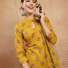 Kimayra Rayon Calf Length Printed 3/4 Sleeve Key Hole Neck Straight Kurta