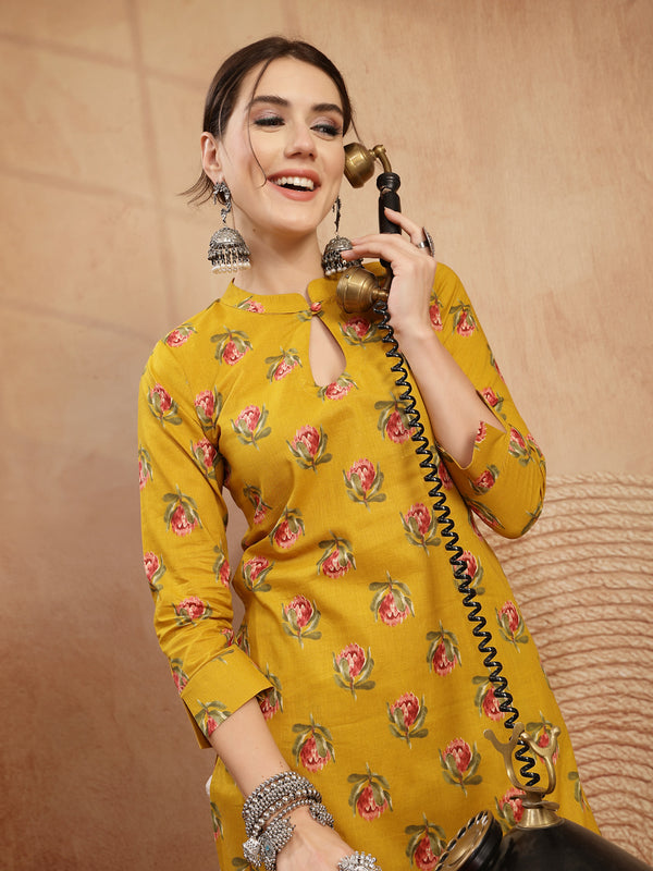 Kimayra Rayon Calf Length Printed 3/4 Sleeve Key Hole Neck Straight Kurta