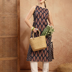 Kimayra Rayon Calf Length Printed Sleeveless Round Neck Straight Kurta