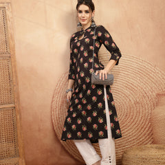 Kimayra Rayon Calf Length Printed 3/4 Sleeve Key Hole Neck Straight Kurta