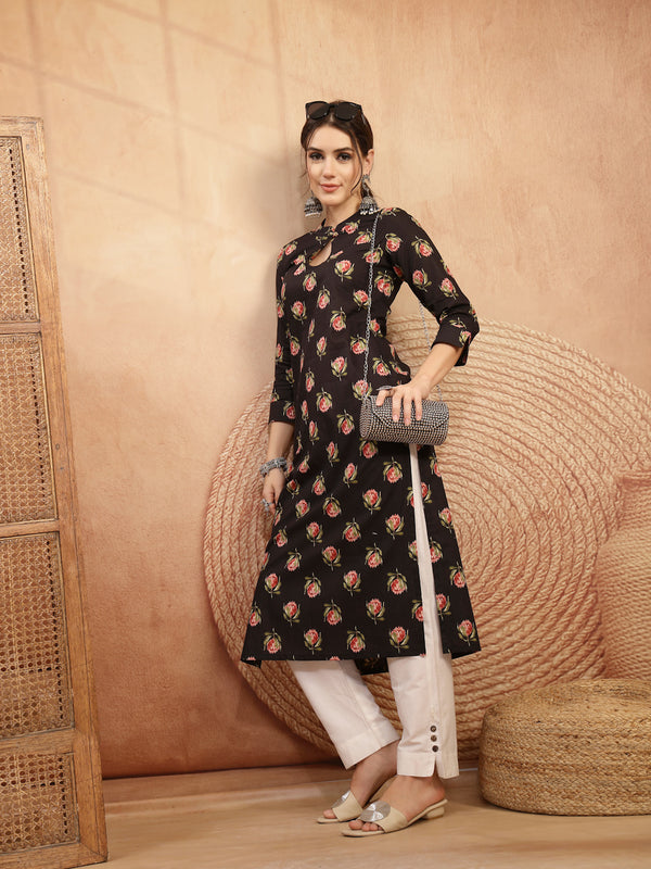 Kimayra Rayon Calf Length Printed 3/4 Sleeve Key Hole Neck Straight Kurta