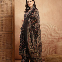 Kimayra Cotton Calf Length Printed 3/4 Sleeve V-Neck A-Line Kurta Suit Set