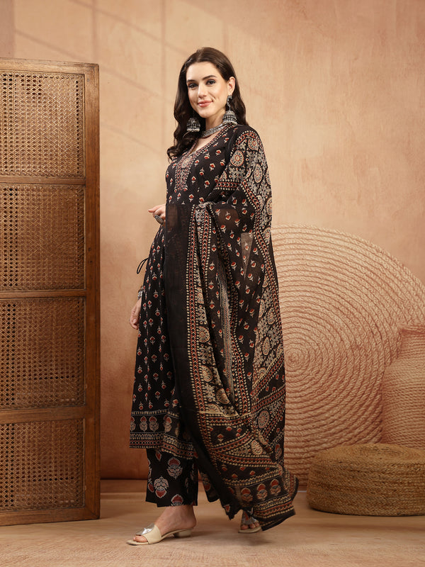 Kimayra Cotton Calf Length Printed 3/4 Sleeve V-Neck A-Line Kurta Suit Set
