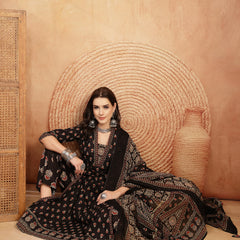 Kimayra Cotton Calf Length Printed 3/4 Sleeve V-Neck A-Line Kurta Suit Set