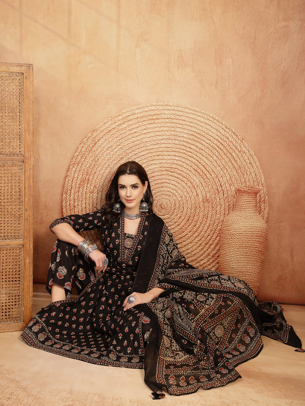 Kimayra Cotton Calf Length Printed 3/4 Sleeve V-Neck A-Line Kurta Suit Set