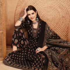 Kimayra Cotton Calf Length Printed 3/4 Sleeve V-Neck A-Line Kurta Suit Set