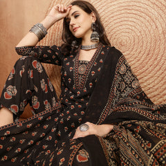 Kimayra Cotton Calf Length Printed 3/4 Sleeve V-Neck A-Line Kurta Suit Set