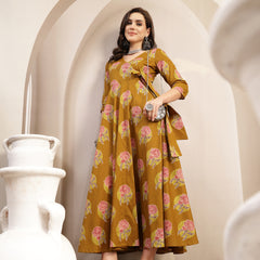 Kimayra Cotton Calf Length Printed 3/4 Sleeve V-Neck Flared Kurta