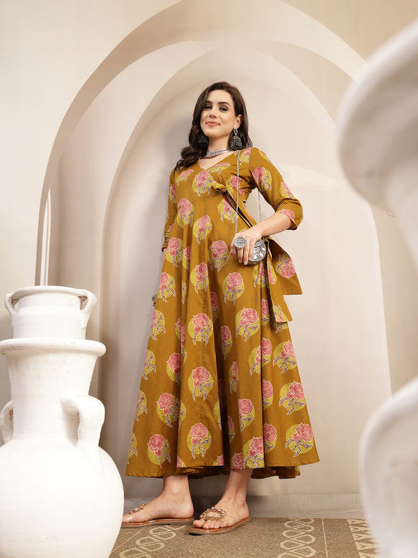 Kimayra Cotton Calf Length Printed 3/4 Sleeve V-Neck Flared Kurta