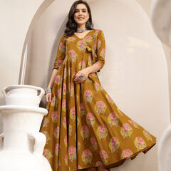 Kimayra Cotton Calf Length Printed 3/4 Sleeve V-Neck Flared Kurta
