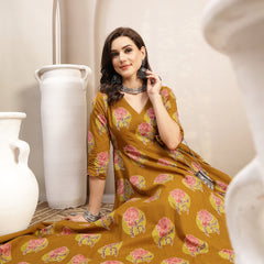 Kimayra Cotton Calf Length Printed 3/4 Sleeve V-Neck Flared Kurta