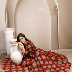 Kimayra Cotton Calf Length Printed 3/4 Sleeve V-Neck Flared Kurta