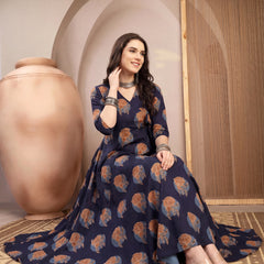Kimayra Cotton Calf Length Printed 3/4 Sleeve V-Neck Flared Kurta