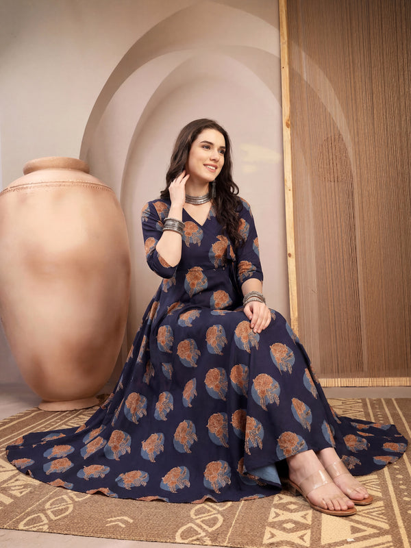 Kimayra Cotton Calf Length Printed 3/4 Sleeve V-Neck Flared Kurta
