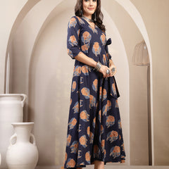 Kimayra Cotton Calf Length Printed 3/4 Sleeve V-Neck Flared Kurta