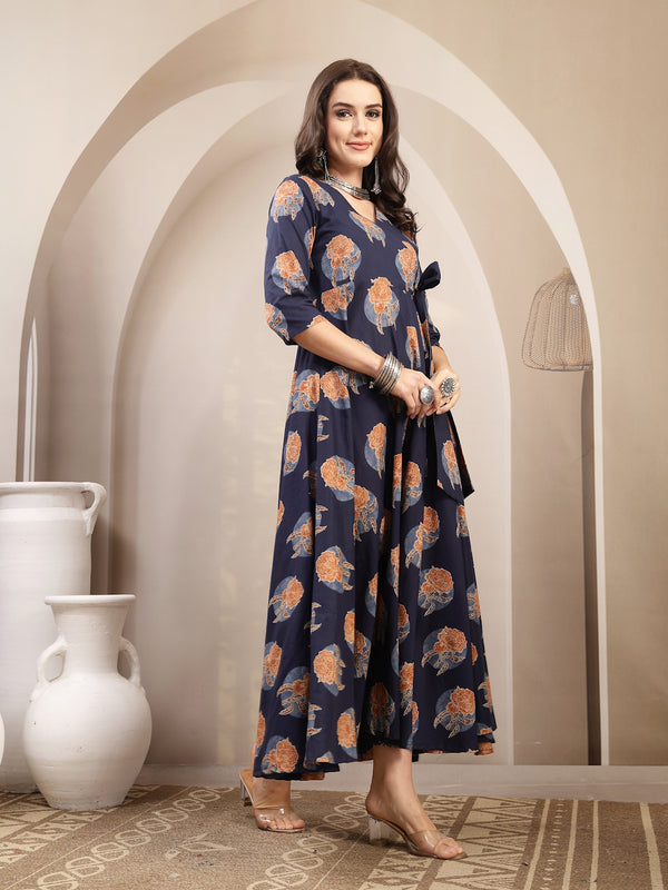 Kimayra Cotton Calf Length Printed 3/4 Sleeve V-Neck Flared Kurta