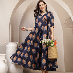 Kimayra Cotton Calf Length Printed 3/4 Sleeve V-Neck Flared Kurta