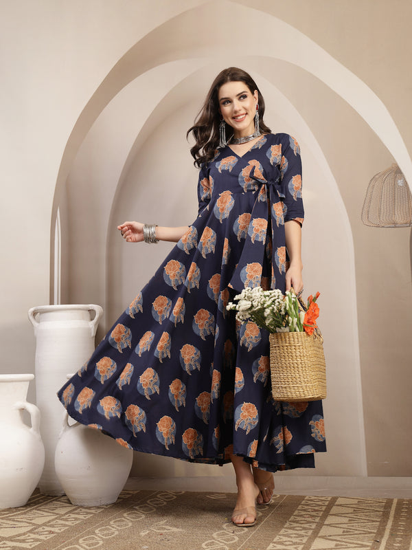 Kimayra Cotton Calf Length Printed 3/4 Sleeve V-Neck Flared Kurta