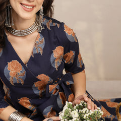 Kimayra Cotton Calf Length Printed 3/4 Sleeve V-Neck Flared Kurta